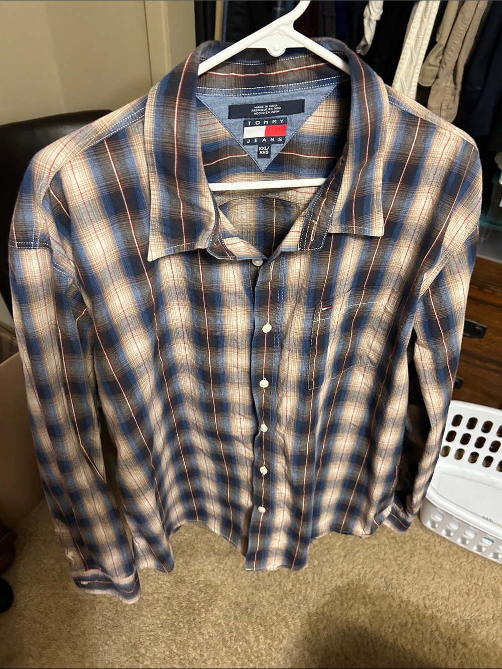 Tommy Hilfiger Men’s Blue and Tan Plaid Button-Down Shirt